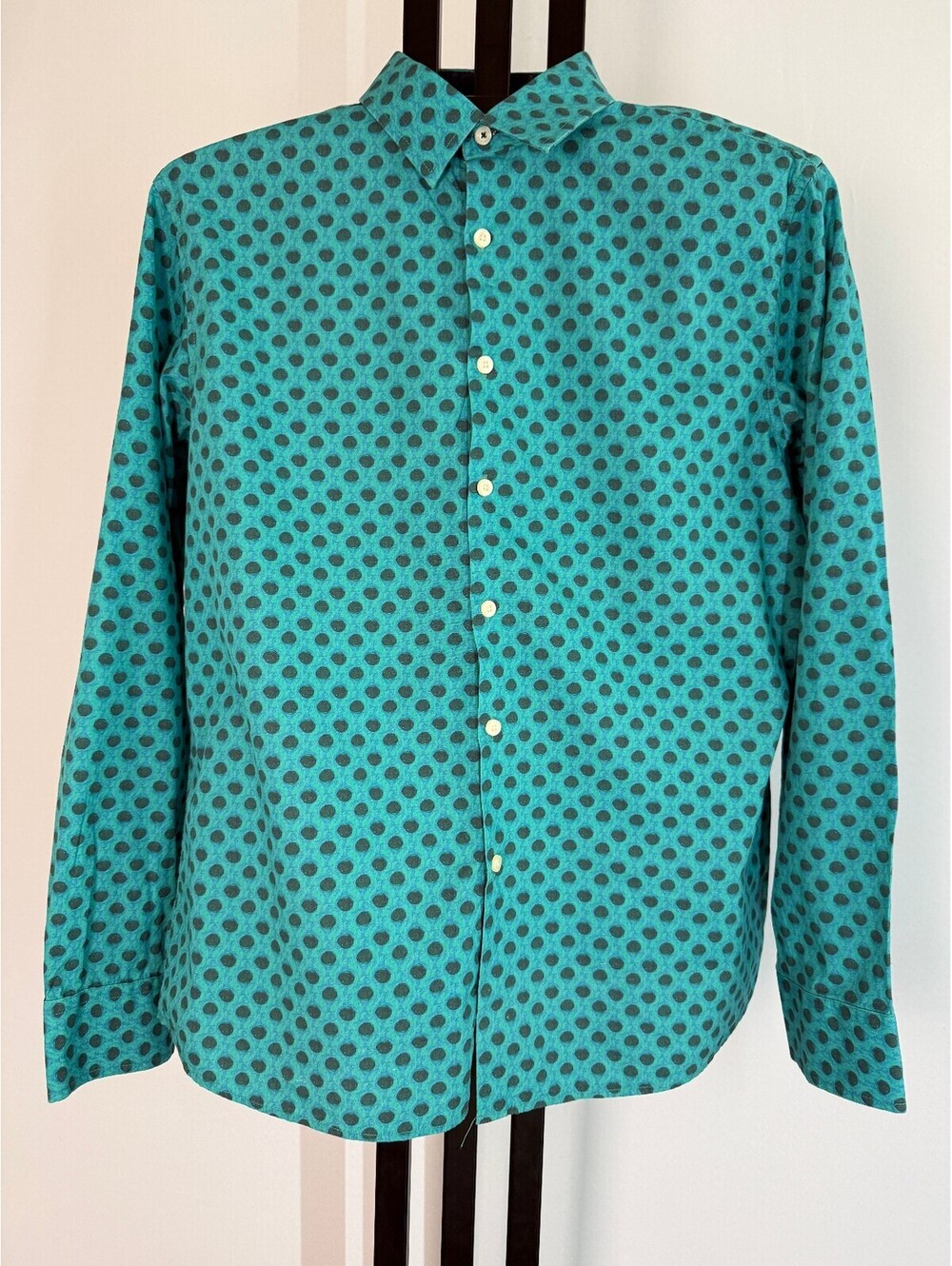 John Lennon Button-Up Shirt Large Teal Green Geometric Dot Print Y2K